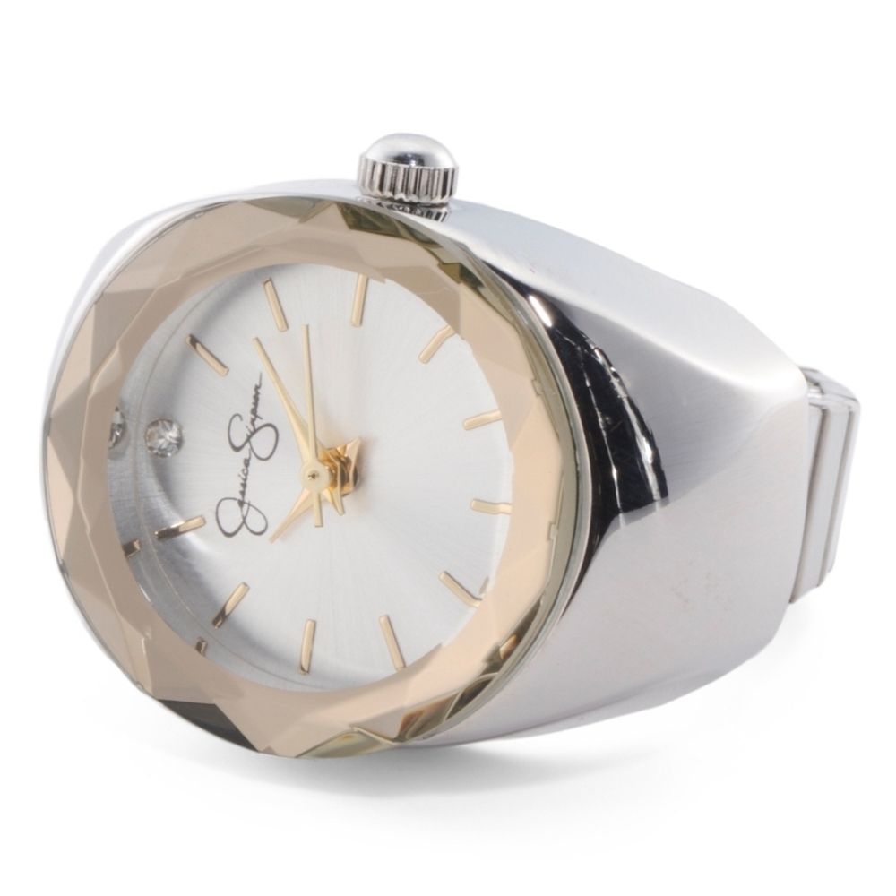 🤍🔹️Jessica Simpson 🔹️Two-Tone Silver/ Gold Stretch Fit Ring Finger Watch